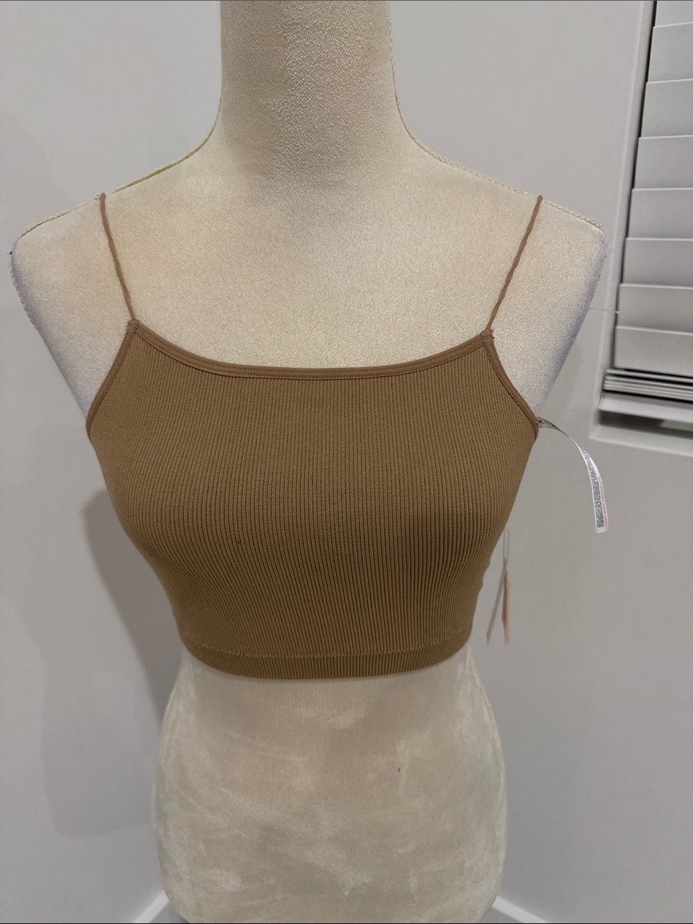 Ribbed Spaghetti Strap Crop Top - Brown